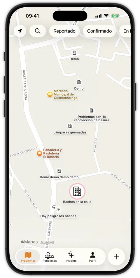 Mapa con los reportes de la comunidad