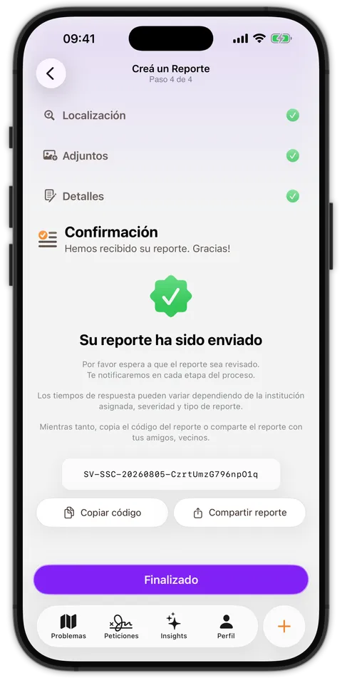 Paso 4: confirmación de reporte enviado