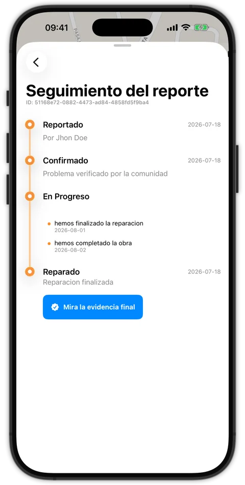 Línea de tiempo de un reporte en Reportamelo: Reportado, Confirmado, En Progreso y Reparado