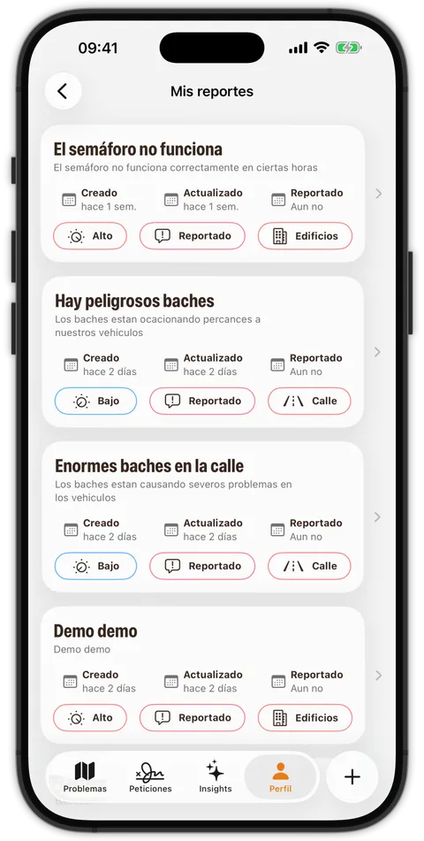 Lista de reportes creados por el usuario
